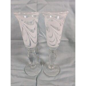 White Swirl Water Champagne Flute 9.5” Hand Blown Glass Set Of 2